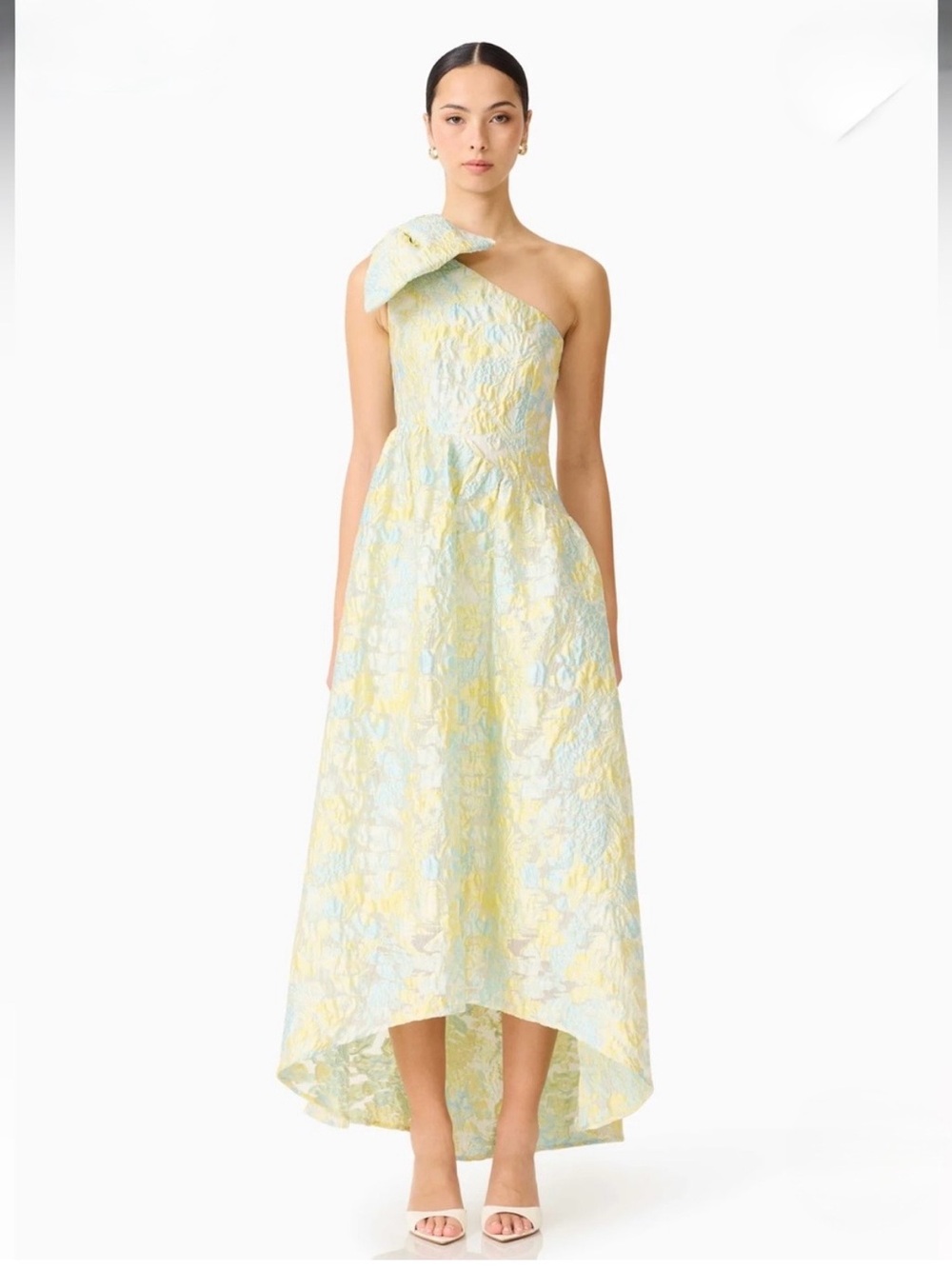 elliatt penelope yellow & blue asymmetrical bow floral jacquard maxi gown dress